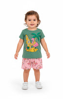 Conjunto Curto Verão Infantil Menina Flamingo Surfista – Verde Água e Rosa