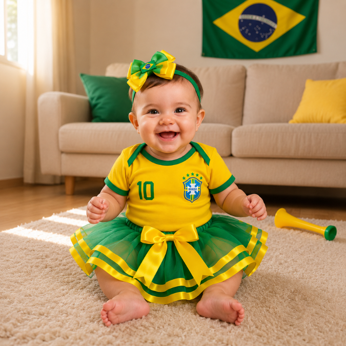 Body Bebê Brasil Feminino Copa 2026 • Kit 3 Peças