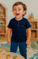 Camisa Infantil Manga Curta Henley Gola Padre Marinho