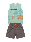 Conjunto Regata Estampado Infantil Menino Amigos do Mar Verde Claro com Bermuda Cinza