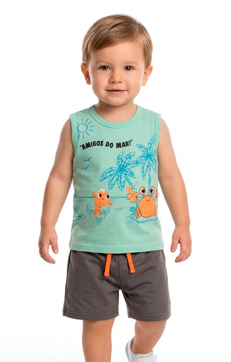 Conjunto Regata Estampado Infantil Menino Amigos do Mar Verde Claro com Bermuda Cinza