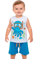 Conjunto Regata Estampado Infantil Menino Polvo Mergulhador Branco com Bermuda Azul