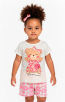 Conjunto Curto Verão Infantil Menina Ursinha e Flores – Off White e Rosa