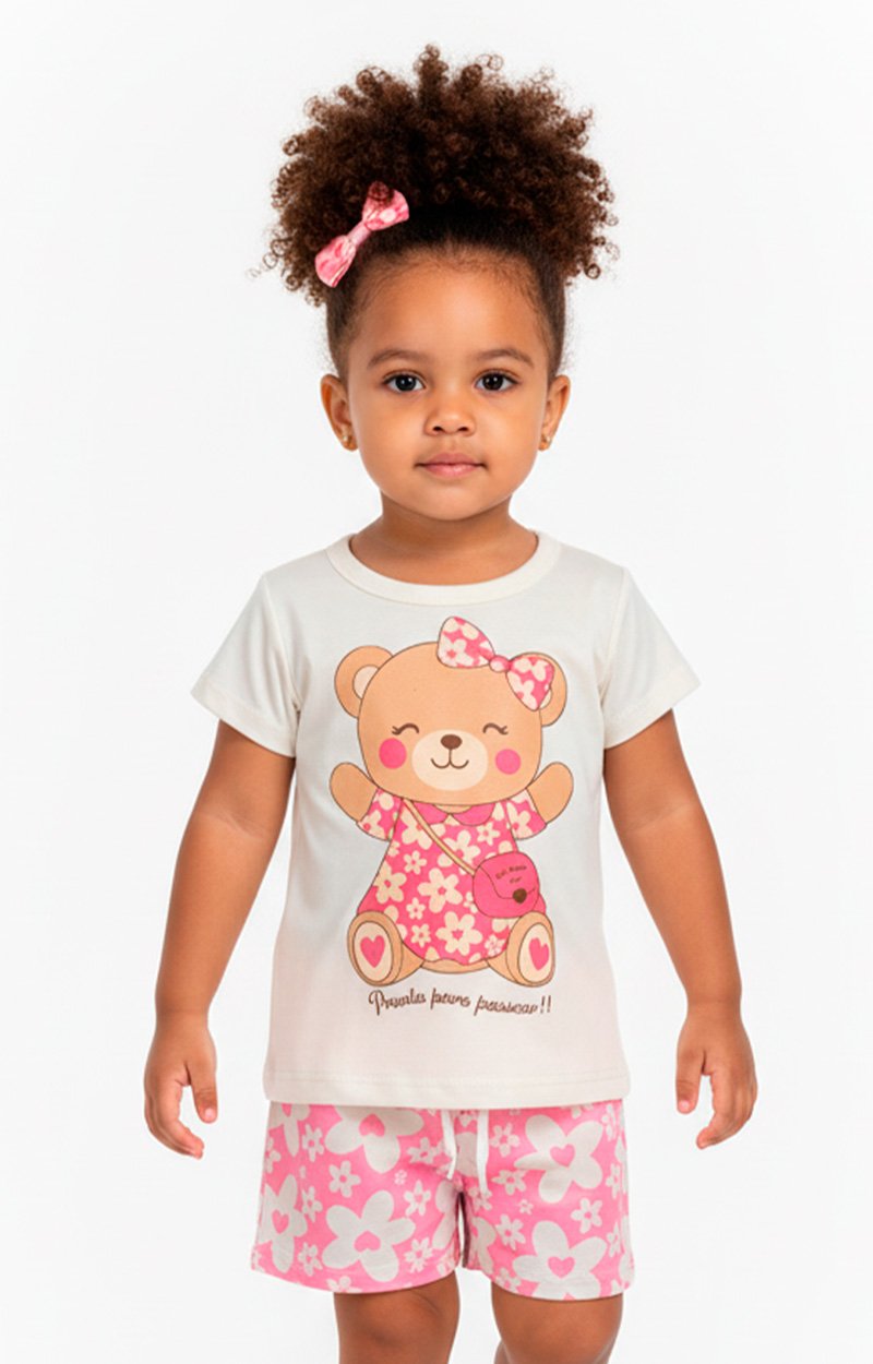Conjunto Curto Verão Infantil Menina Ursinha e Flores – Off White e Rosa