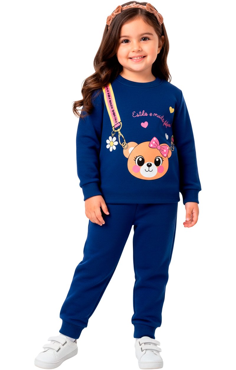 Conjunto Moletom Infantil Menina Bolsa Ursinha Marinho