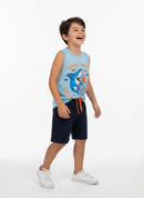 Conjunto Regata Estampado Infantil Menino Tubarão Hora do Rango Azul Claro com Bermuda Marinho