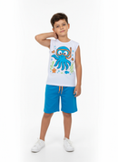 Conjunto Regata Estampado Infantil Menino Polvo Mergulhador Branco com Bermuda Azul