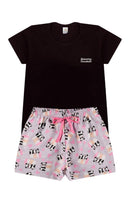Conjunto Infantil Menina Preto com Bermuda Lilás Estampada Pandas