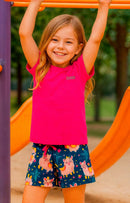 Conjunto Infantil Menina Pink com Bermuda Azul Estampada Lhamas – Algodão Confortável