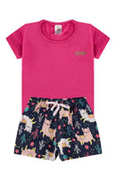 Conjunto Infantil Menina Pink com Bermuda Azul Estampada Lhamas – Algodão Confortável