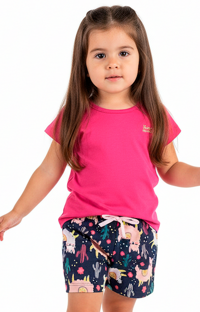 Conjunto Infantil Menina Pink com Bermuda Azul Estampada Lhamas – Algodão Confortável