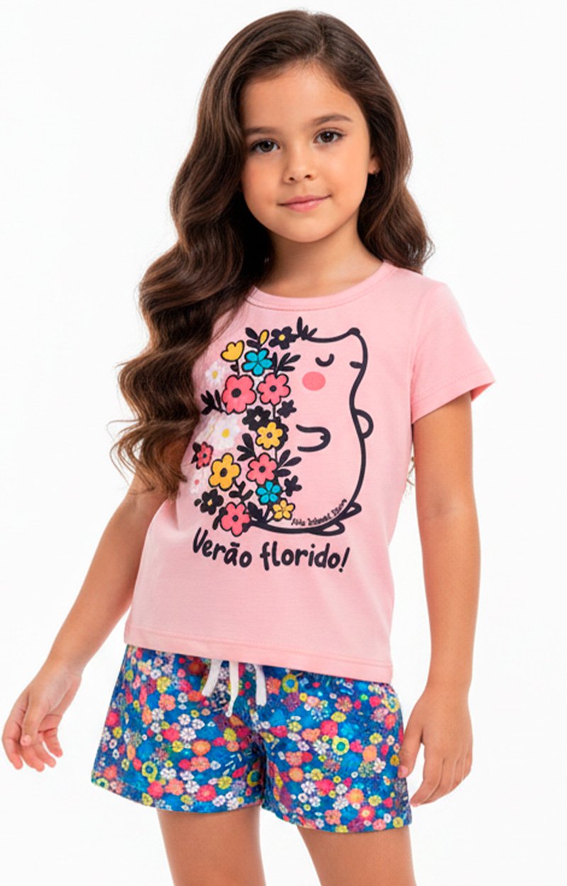 Conjunto Curto Verão Infantil Menina Verão Florido – Rosa e Azul Floral