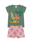 Conjunto Curto Verão Infantil Menina Flamingo Surfista – Verde Água e Rosa