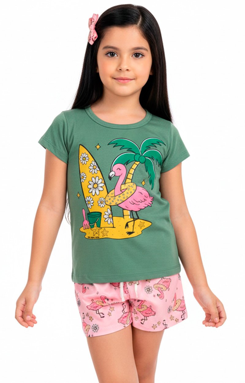Conjunto Curto Verão Infantil Menina Flamingo Surfista – Verde Água e Rosa