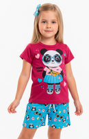 Conjunto Curto Verão Infantil Menina Fashion Panda – Pink e Azul