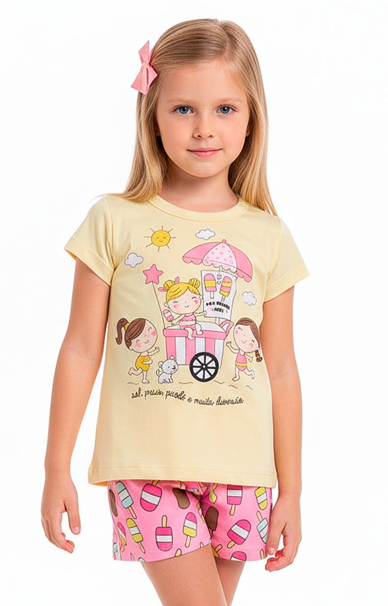 Conjunto Curto Verão Infantil Menina Picolé Divertido – Amarelo e Rosa