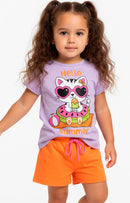 Conjunto Curto Verão Infantil Menina Hello Summer Cat – Lilás e Laranja