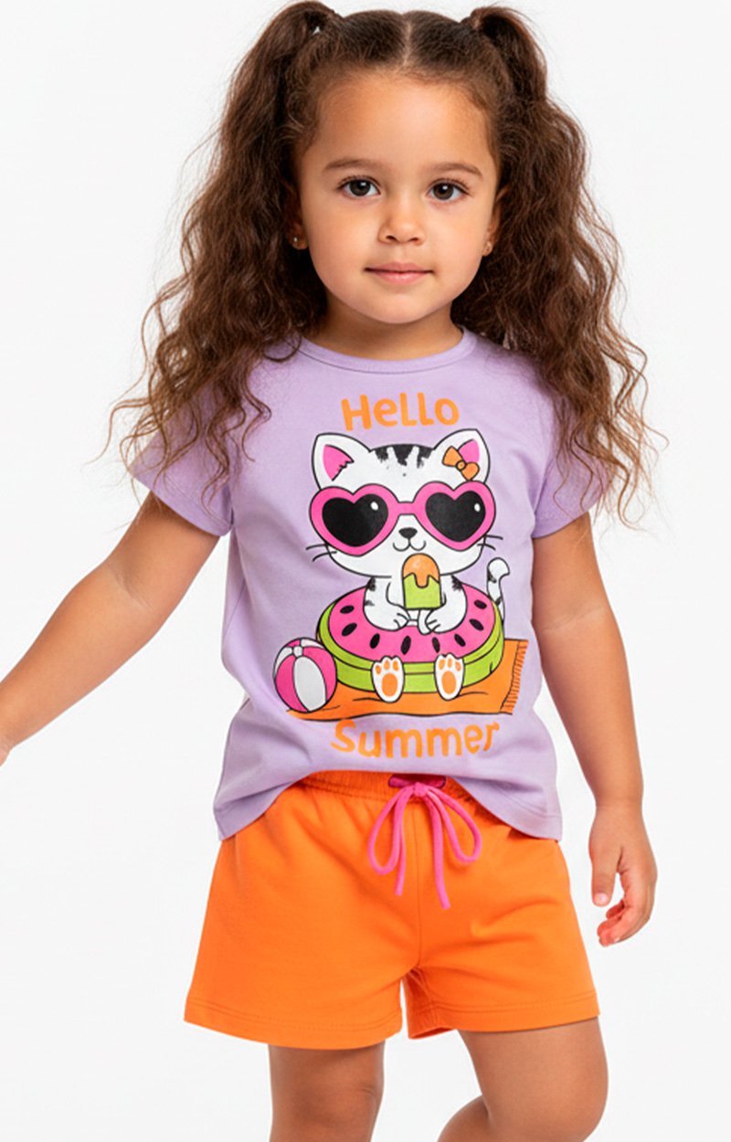Conjunto Curto Verão Infantil Menina Hello Summer Cat – Lilás e Laranja