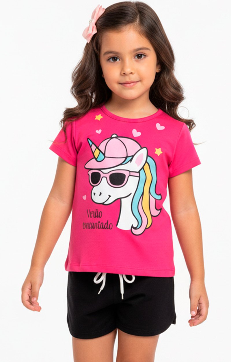 Conjunto Curto Verão Infantil Menina Verão Encantado – Pink e Preto
