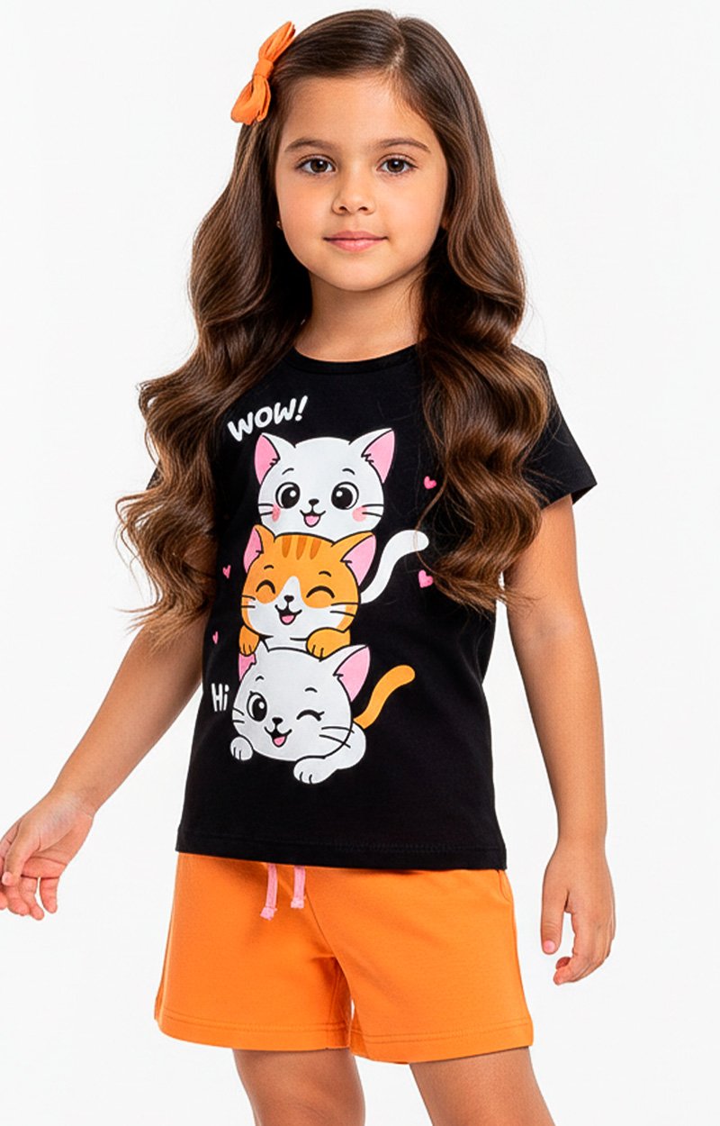 Conjunto Curto Verão Infantil Menina Gatinhos Wow Hi – Preto e Laranja