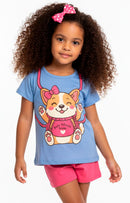 Conjunto Curto Verão Infantil Menina Corgi Polo Store – Azul e Rosa