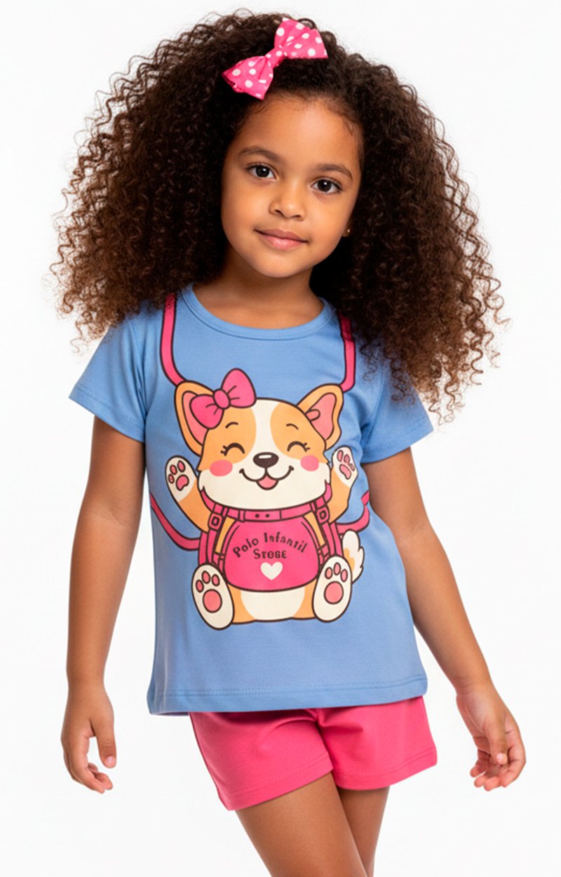 Conjunto Curto Verão Infantil Menina Corgi Polo Store – Azul e Rosa